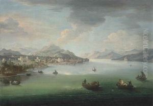 A View Of Gravedona On Lake Como, With Palazzo Gallio, Figures In Ferries And Other Vessels, Mountains Beyond by Antonio Joli