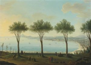 View Of The Bay Of Naples From The South (possibly Poggioreale), Looking North With A King Of The Bourbon Family, Possibly Ferdinand Iv, In The Foreground by Antonio Joli