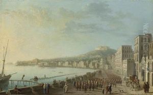A View Of The Bay Of Naples From The East, With Hussars Parading Along The Harbour