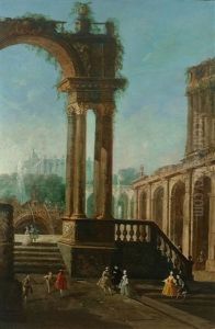 Blick Auf Terrassen Und Estraden Einer Barocken Gartenanlage Mit Ruinen Und Fontanen. Anlegende Prunkgondel Und Figurenstaffage (+ Blick Auf See Und Berge. Vielleicht Der Palazzo Borromeo Auf Der Isola Bella; Pair) by Antonio Joli