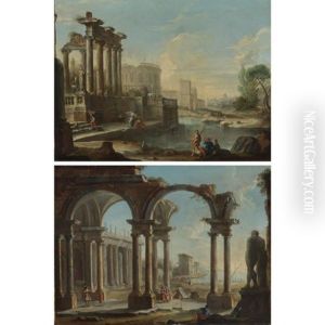 Architectural Capriccio With Figures Among Classical Ruins By An Inlet (+ Architectural Caprccio With Figures Under A Ruined Colonnade; Pair) by Antonio Joli