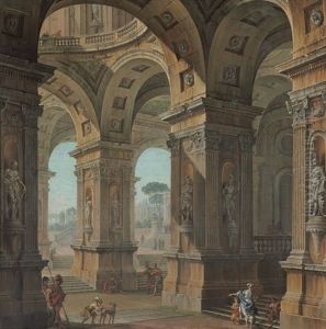 An Architectural Capriccio With Soldiers And Other Figures In An Open Portico, A Courtyard And Palace Beyond by Antonio Joli