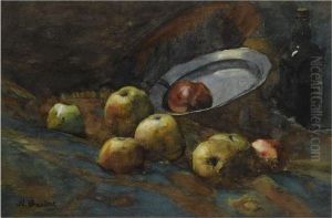 A Still Life With Apples, A Bottle And A Pewter Plate by Nicolaas Bastert