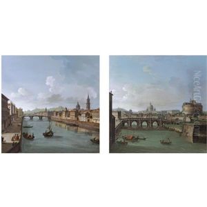 Florence, A View Of The River Arno Towards To The Ponte Santa Trinita And The Ponte Vecchio (+ Rome, A View Of The Tiber With The Castel Sant Angelo And St. Peter's Basilica; Pair) by Antonio Joli