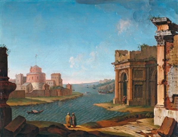 Capriccio An Einem Fluss, Mit Klassischer Architektur, Ruinen, Einer Festung Und Zwei Orientalen Im Vordergrund - Capriccio Fluviale Con Architetture Classiche In Rovina, Cittadella Fortificatae, Due - view 1
