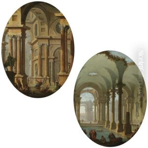 An Architectural Capriccio With Christ Driving The Money-traders From The Temple (+ An Architectural Capriccio With Christ Healing The Sick; Pair) by Antonio Joli