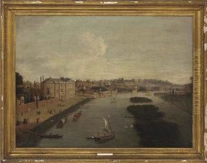 A View Of The Thames At Richmond And Cholmondeley House, With Elegant Figures On Cholmondeley House Walk