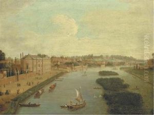 A View Of The Thames At Richmond And Cholmondeley House, With Elegant Figures On Cholmondeley House Walk by Antonio Joli