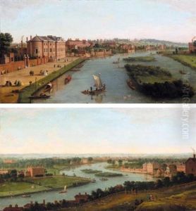 A View Of The Thames At Richmond And Cholmondeley House, With Elegant Figures On Cholmondeley House Walk (+ A View Of The Thames From Richmond Hill; Pair) by Antonio Joli