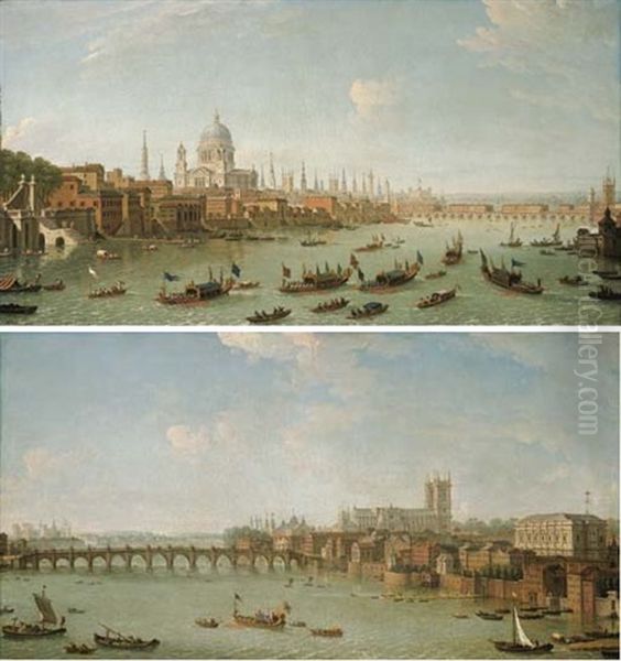 View Of The City Of London From The Thames With St. Paul's Cathedral And Old London Bridge, A Procession Of Boats On The River In The Foreground (+ View Of Westminster From The Thames; Pair) - view 1