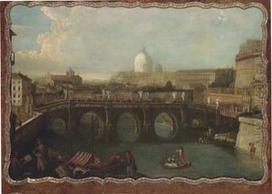 The Tiber, Rome, Looking Downstream With The Castel And Ponte Sant'angelo, Saint Peter's And The Vatican, Santo Spirito In Sassia And The Janiculum Beyond by Antonio Joli