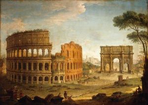 Rome, A View Of The Colosseum And The Arch Of Constantine With An Artist Sketching In The Foreground