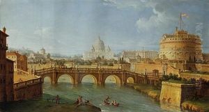 The Tiber, Rome, Looking Downstream With The Castel And Ponte Sant'angelo, Saint Peter's And The Vatican, Santo Spirito In Sassia And The Janiculum Beyond by Antonio Joli
