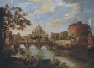 The Tiber, Rome, Looking Downstream With The Castel And Ponte Sant'angelo, Saint Peter's And The Vatican, Santo Spirito In Sassia And The Janiculum Beyond, A Group Of Four Soldiers In The Foreground by Antonio Joli