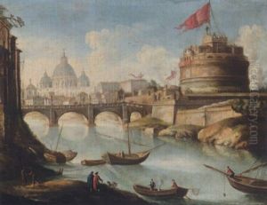 Rome, A View Of The Ponte Sant'angelo And The Castel Sant'angelo With The Basilica Of Saint Peter's Beyond by Antonio Joli