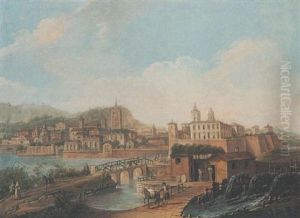View Of A City By A River, With Figures Crossing A Bridge Before A Water Mill