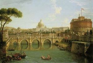 Rome, A View Of The Tiber Looking Downstream With The Castel And Ponte Sant' Angelo, Saint Peter's Basilica And The Vatican, Santo Spirito In Sassia And The Janiculum Beyond by Antonio Joli