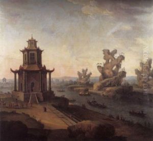 A Capriccio Of A Chinese Landscape With The Pagoda Near Sinkicien In The Province Of Kantum by Antonio Joli