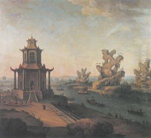 A Capriccio Of A Chinese Landscape With The Pagoda Near Sinkcien In The Province Of Kantum by Antonio Joli