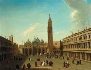 The Piazza San Marco, Venice, Looking East With A Performance Of The Commedia Dell'arte Beneath The Campanile by Antonio Joli