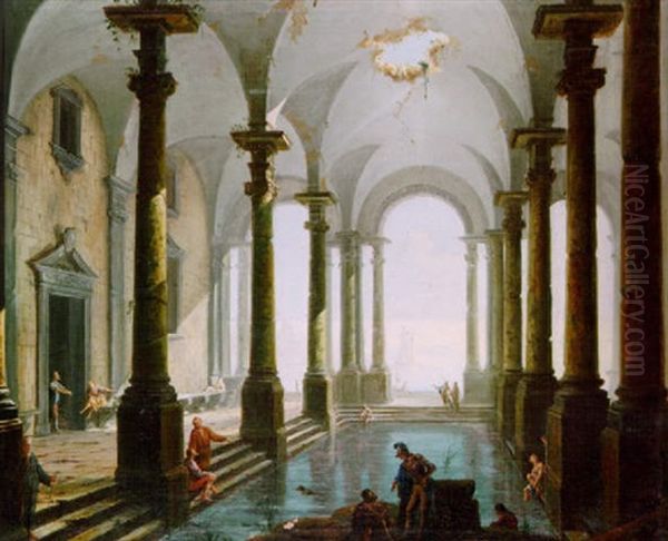 Figures Discoursing By A Bath In A Vaulted Interior - view 1