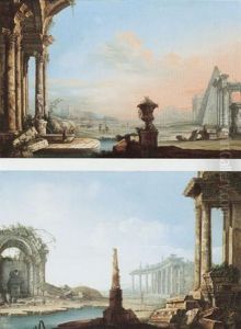 An Architectural Capriccio With Figures Beside A Fountain Before A Ruined Arch, An Amphitheatre In The Distance by Antonio Joli