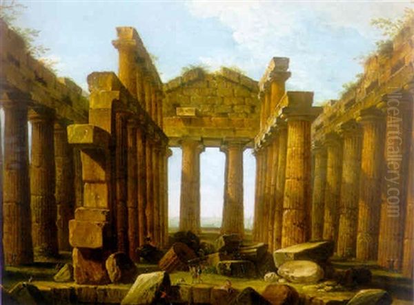 Figures Strolling And Admiring The Temple Of Neptune At Paestum - view 1