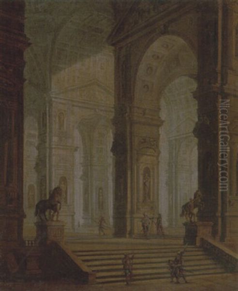 The Interior Of A Classical Building, With Soldiers Guarding The Entrance At The Base Of Steps - view 1