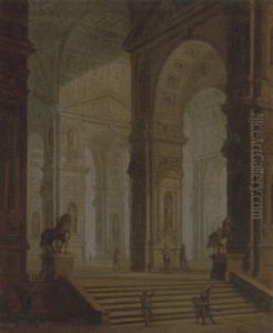 The Interior Of A Classical Building, With Soldiers Guarding The Entrance At The Base Of Steps
