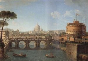Rome, A View Of The Tiber Looking Downstream With The Castel And Ponte Sant'angelo, Saint Peter's, And Thevatican by Antonio Joli