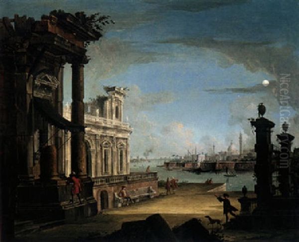 An Architectural Capriccio With Elegant Figures Promenading And Others Gathered On A Jetty - view 1