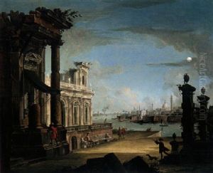 An Architectural Capriccio With Elegant Figures Promenading And Others Gathered On A Jetty
