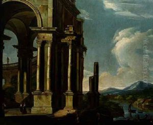 A River Landscape With Figures Strolling Among Classical Ruins by Antonio Joli