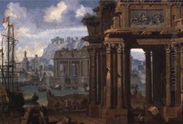 Vue D'un Port De Fantaisie Avec Ruines Antiques - view 1