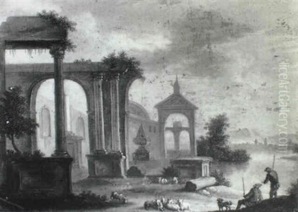 Herders With Sheep And Goats Amongst Classical Ruins - view 1