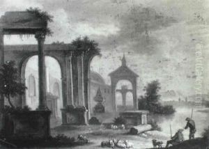 Herders With Sheep And Goats Amongst Classical Ruins by Antonio Joli