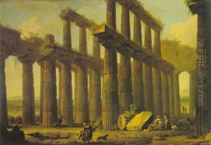 Tourists And Peasants At The Temple Of Hera At Paestum by Antonio Joli