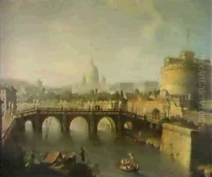The River Tiber, Rome, Showing The Castle Sant Angelo... by Antonio Joli
