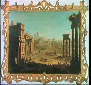 The Campo Vaccino, Rome, Looking Towards S. Francesca Romana And The Arch Of Titus From The Temple Of Saturn by Antonio Joli