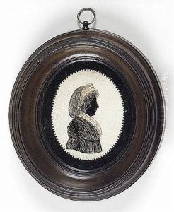 A Lady, Profile To The Right, Wearing Dress, Fichu, Hoop Earring And Bandeau In Her Looped Hair