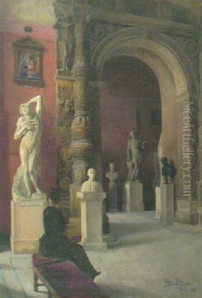 Interior Fran Louvren Med Kvinnlig Betraktare Vid Pietro Da Rhos Portal Med Bl A Hercules Och Perseus, Till Vanster Michelangelos Skulptur Doende Slav - view 1