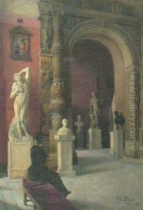 Interior Fran Louvren Med Kvinnlig Betraktare Vid Pietro Da Rhos Portal Med Bl A Hercules Och Perseus, Till Vanster Michelangelos Skulptur Doende Slav