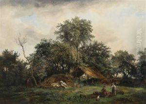 Landschaft Mit Bauern Und Heuhaufen