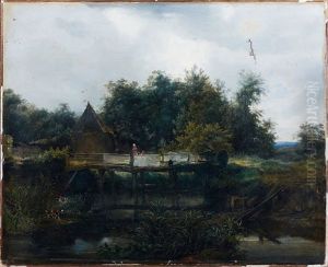 Paysage Anime Au Vieux Pont by Andre Jolivard