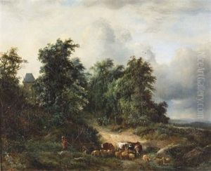 Hirtin Mit Kuhen Und Schafen In Einem Hohlweg by Andre Jolivard