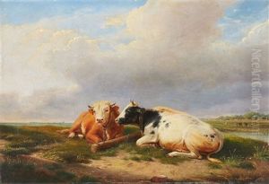 A River Landscape With Two Cows Lying Down by Mary Louisa Jolling