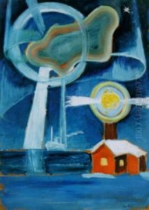 Vinterlandskap Med Rod Stuga by John Jon-And