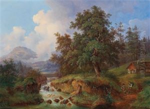 Large Mountain Landscape With Walkers Resting by Josef Jonas