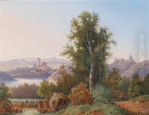 Blick Auf Eine Flusslandschaft Mit Burgruinen (laut Tradition Blick Auf Burg Saaleck Und Die Rudelsburg)