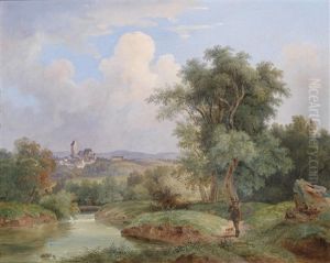 Jager Am Heimweg Vor Weiter Dorflandschaft by Josef Jonas